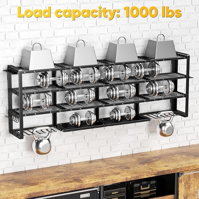 POKIPO Extra Large 64" W Power Tool Organizer Wall Mount, Load 1000 lbs, Heavy Duty 4 Tier Garage Storage Rack with 8 Drill Holders, 2 in 1 Corner or Straight Installation