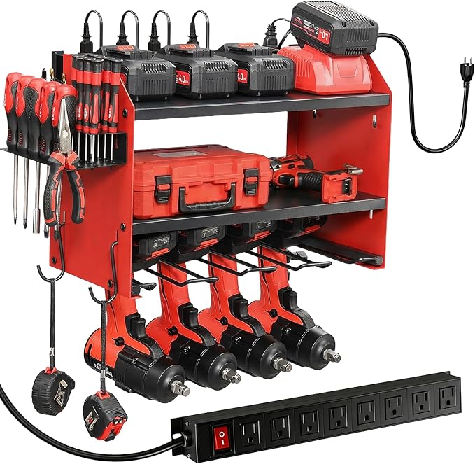 Power Tool Organizer Wall Mount with Charging Station, Heavy Duty 3 Layer Garage Tool Storage with 4 Cordless Drill Holder and 8 Outlet Power Strip, Gift for Men Husband Dad Birthday Anniversary red