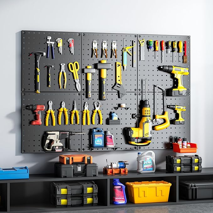 Peg Board, 70PCS Heavy Duty Metal Pegboard with Hooks, 6 Pack Black Peg Board Panels, 50lbs Load Capacity Each, Pegboard Wall Organizer for Garage, Workshop, Craft Rooms Total 24” x 36”