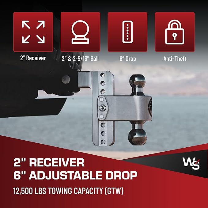 180 HITCH CTB6-2 Aluminum Adjustable 6" Drop & Chromed Steel Ball for 2" Receiver, 12,500 GTW