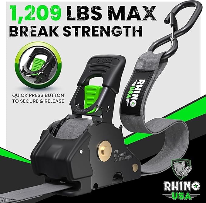 Rhino USA Retractable Ratchet Straps (2-Pack) - 1 Inch x 10 Feet (1,209lb Break Strength) - Auto Self Retracting Tie Down Straps for Truck, Cargo Trailer, Motorcycle, ATV, UTV - Gray