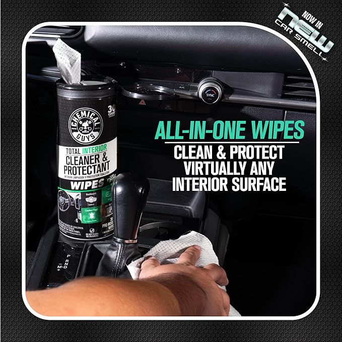 Chemical Guys Total Interior Cleaner and Protectant Wipes Canister, New Car Smell - All Surface Interior Cleaning Wipes for Dash Seats Door Panels Leather Vinyl & Fabric - Fresh New Car Scent, 2 Pack