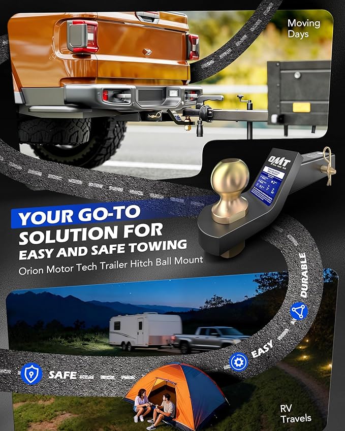Orion Motor Tech Trailer Hitch Ball Mount, for 2" Receiver with 2" Ball 2" Drop 8000 lb. Towing Capacity, Heavy-Duty Tow Hitch Reversible Ball Hitch for Truck Boat RV Cargo with Hitch Pin & Clip