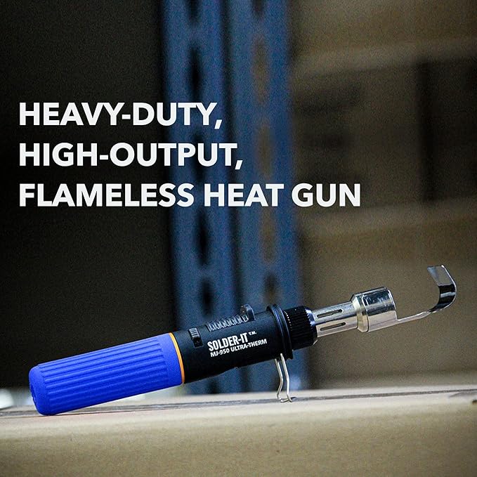 Solder-It Blue Ultra Therm Flameless Heat Gun (MJ-950) | Cordless Heat Gun with Wide Nozzle | Heavy Duty with 20 mL Butane Refill Tank | Mini Heat Gun for Crafts, Heat Shrink, and PVC Bending
