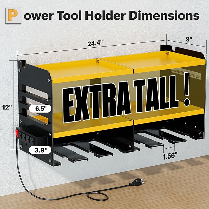Spampur Large Power Tool Organizer Wall Mount with Charging Station, 3 Layer Heavy Duty Metal Tool Storage Rack Loads 420lbs with 6 Cordless Drill Holder, Utility Rack Loads with 4 Power Strip