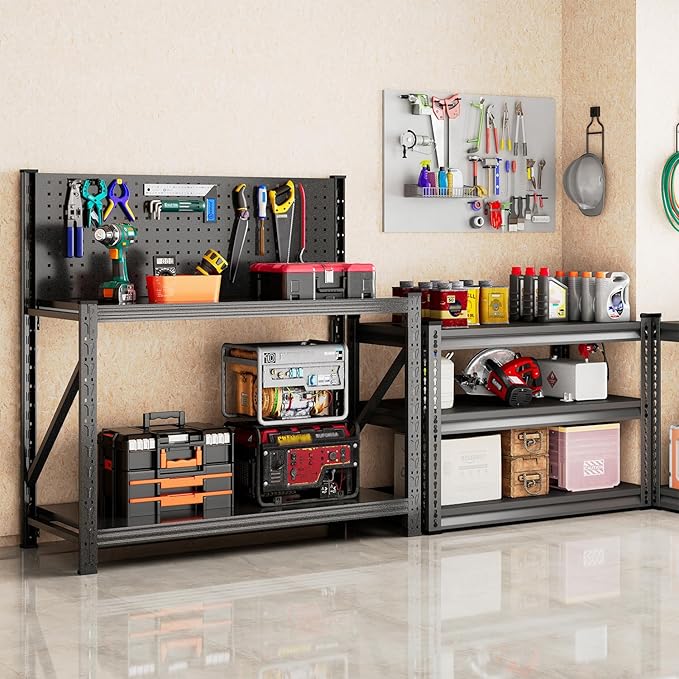 Widened Heavy Duty Workbench with Pegboard, 3000LBS Capacity Work Table with Reinforce Stable Side Beams, Metal Workstation for Garage Warehouse Workshop Office, 47.2" H x 47.2" W x 18.9" D, Black