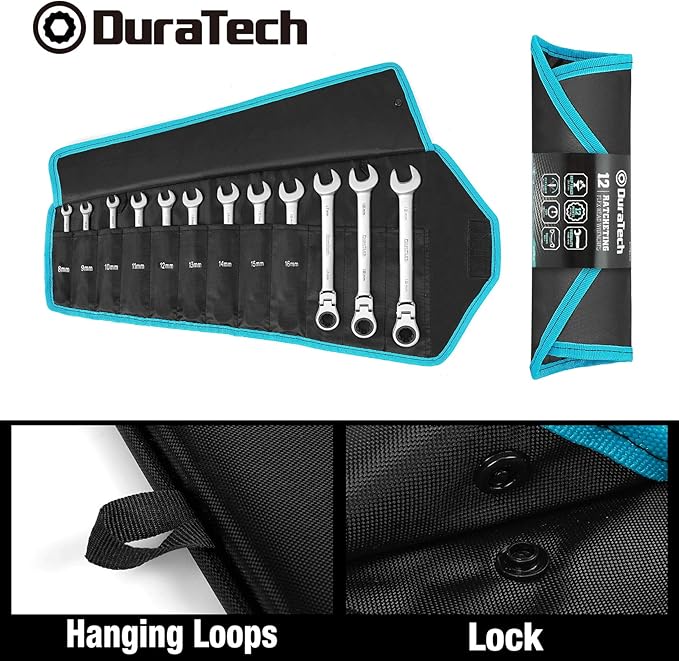 DURATECH Flex-Head Ratcheting Wrench Set, Combination Wrench Set, 72 Tooth, Metric, 12-piece, Size Covers 8-19mm, CR-V Steel, with Rolling Pouch