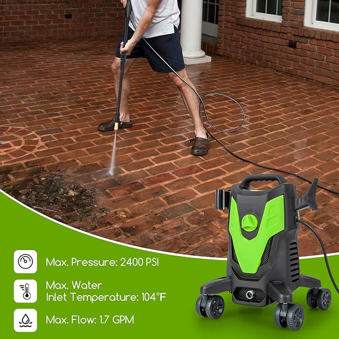 Goplus Electric Pressure Washer, 2400 PSI 1.7 GPM High Pressure Power Washer w/4 Quick Nozzles & Universal Wheels, Portable Pressure Washer IPX5 Car Wash Machine, Cleaning Garden Car Floor (Green)