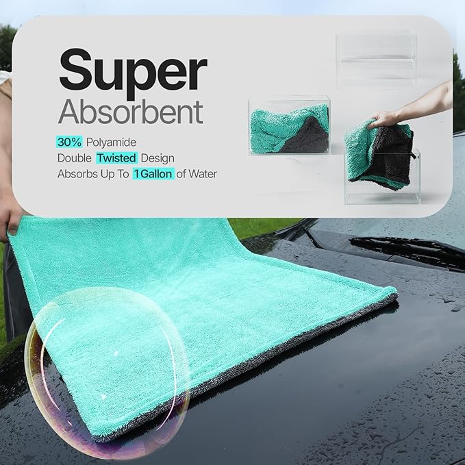 Crystal Clean 1300GSM Microfiber Towels for Cars – XL Drying Towel with Double Twisted Loop, Professional Detailing Towel Car Detailers - Quick Dry, Paint Safe & Swirl-Free (Grey+Green)