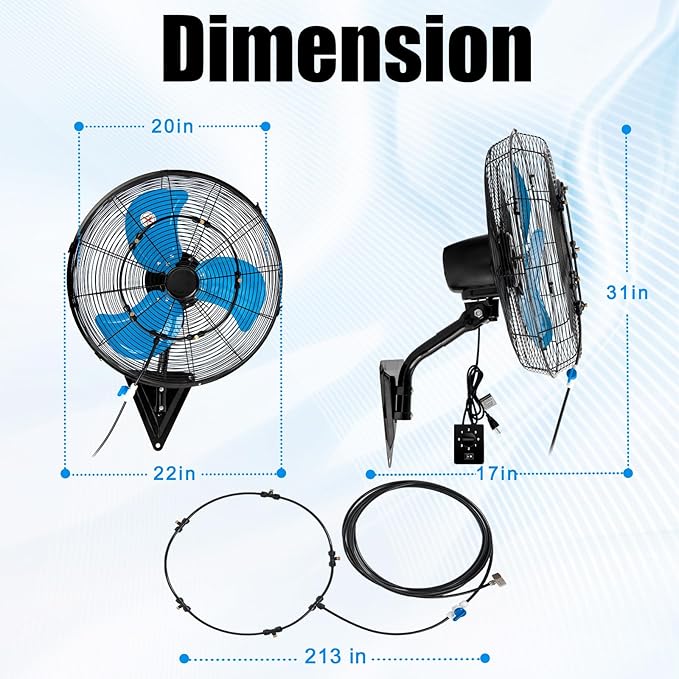 Bestronair 20" Wall Mount Fan with Misting, 7100CFM Wall Fan 3 speed, 120° Oscillation Industrial Wall-Mounted Fans High Velocity for Garage Workshop Patio Factory Greenhouse Commercial