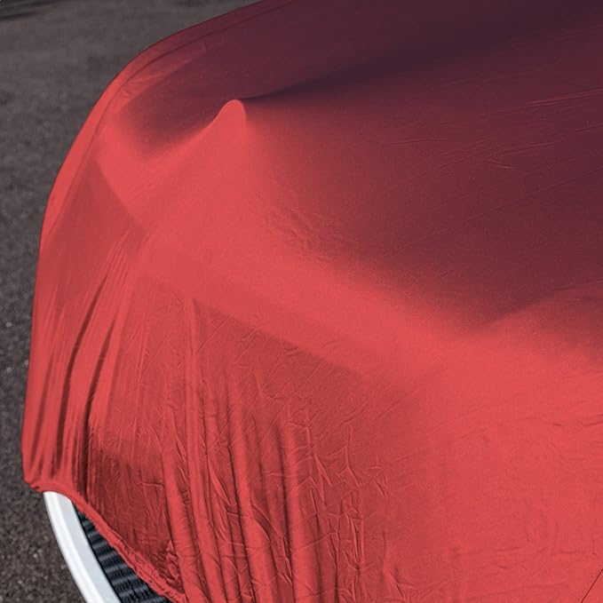 Budge Indoor Stretch Car Cover, Premium Dustproof Protection with Soft Fleece Lining, Breathable Indoor Car Cover Fits Vehicles up to 200 Inches, Red