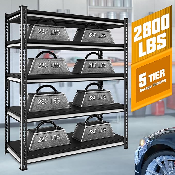 47.2" W Garage Storage Shelves Heavy Duty, 2800LBS Loads Adjustable Garage Shelving, 5-Tier Metal Shelving Units and Storage Racks, Industrial Utility Shelf,47.2" Wx17.7 Dx78 H, Black