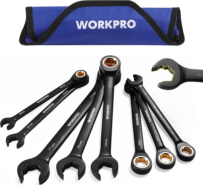 WORKPRO Upgraded 8-piece Anti-Slip Ratcheting Combination Wrench Set with Quick-Slide Open End, 72-Teeth, Cr-V Constructed, Black Metric Wrenches Set with Roll Up Pouch, 8mm-17mm
