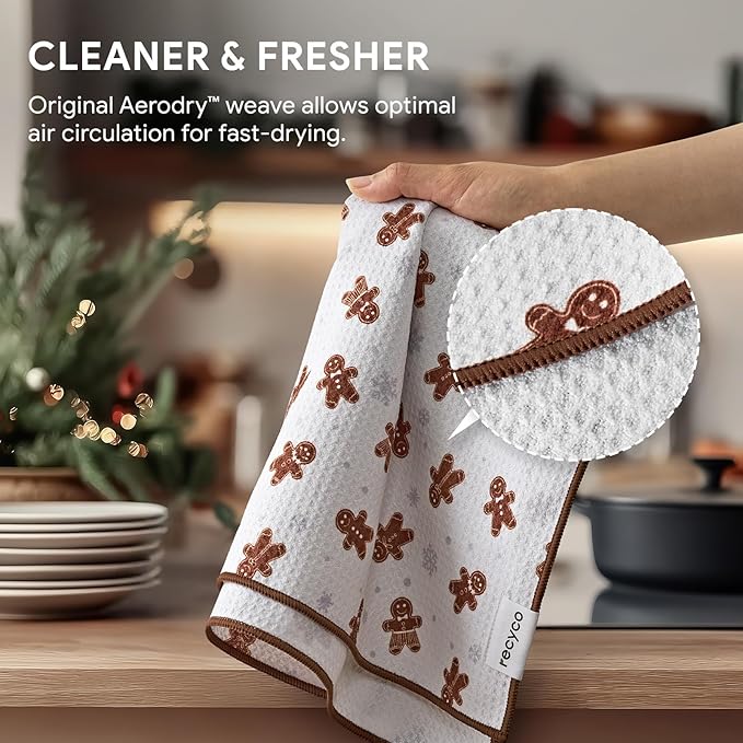 RECYCO Christmas Waffle Kitchen Towel Set of 2 - Quick Dry Microfiber Sustainable Dish Towels - Ultra Absorbent Reusable Cleaning Tea Towels - Lightweight Hand Towels,16”x 28”, Gingerbread Joy