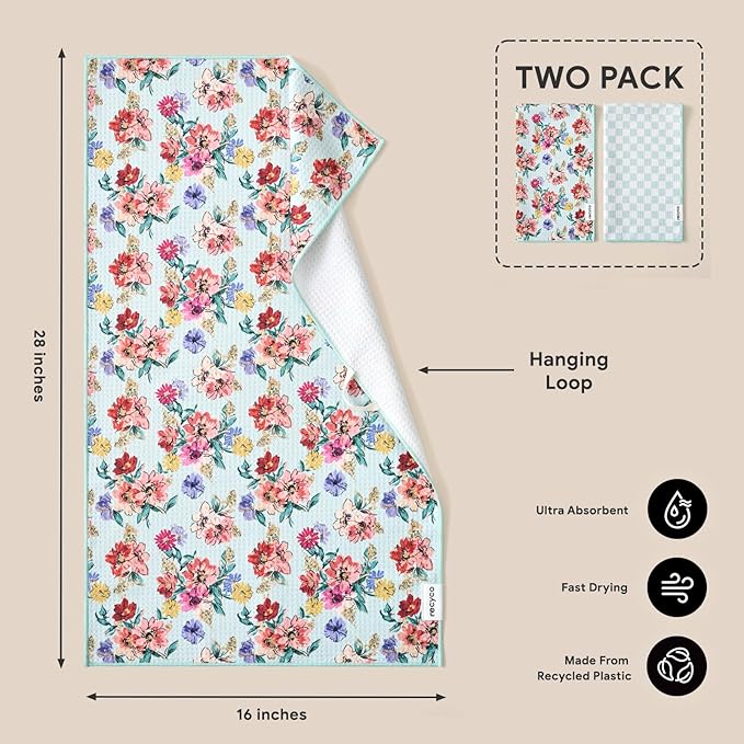 RECYCO Waffle Kitchen Towel Set of 2 - Quick Dry Microfiber Sustainable Dish Towels - Absorbent Reusable Cleaning Tea Towels - Lightweight Hand Towels,16”x 28”, Cuckoo Checker