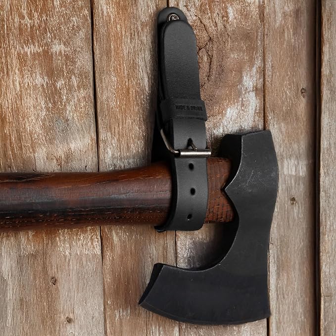 Leather Wall Hanging Straps, Set of 2, Buckle Closure for Axes, Hatchets & Tools, Heavy Duty Tool Hangers, Garage Storage Organization, Axe Mount Holders, Organizer Hooks