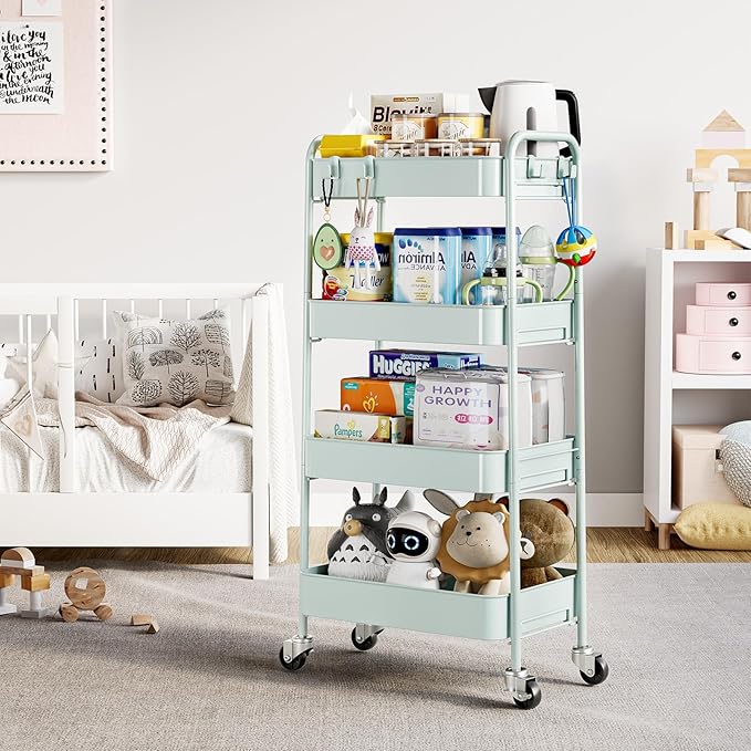 TOOLF 4-Tier Rolling Cart - Metal Storage Organizer with Lockable Wheels, 44 lbs Per Shelf Capacity, Tool-Free Assembly, for Kitchen Bathroom Office Laundry Room Nursery, Green