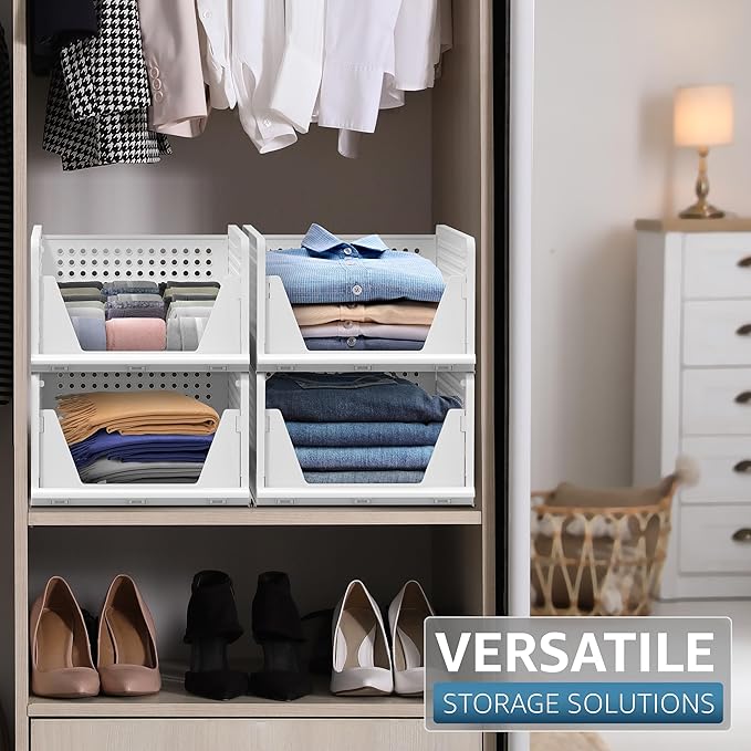 Sorbus 4 Pack Medium Shelf Organizer with Open Front Design Under Shelf for Closet Bathroom Kitchen Garage Plastic Stackable Storage Baskets