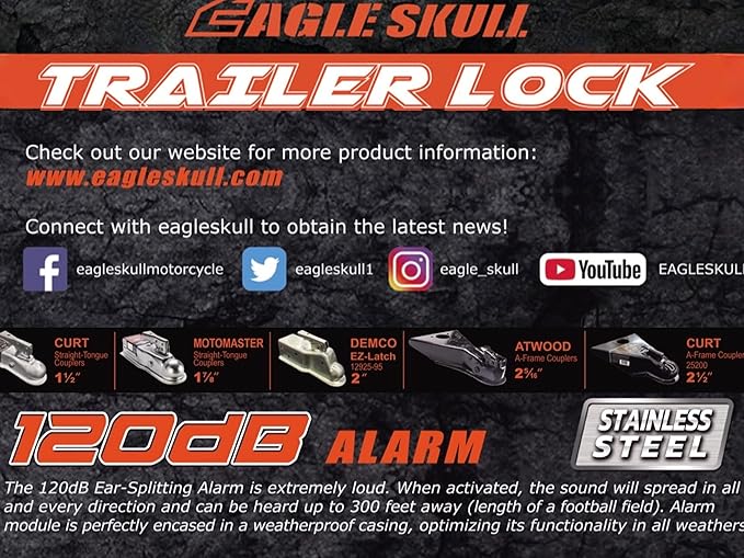 Eagle Skull Alarmed Stainless Steel Trailer Coupler Hitch Lock Alarm Camping Horse Boat Dump Cargo
