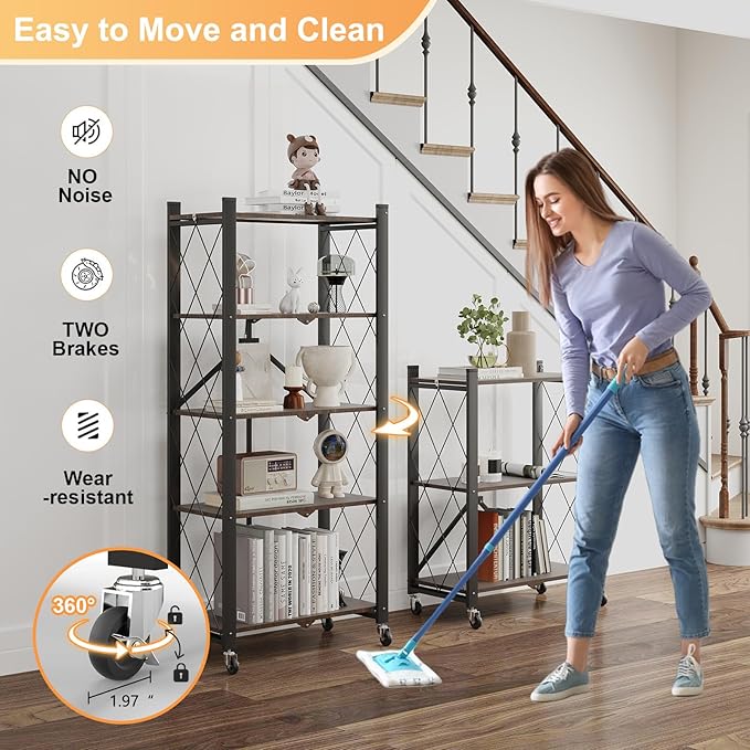 5-Tier Foldable Storage Shelves with Wheels, Folding Metal Shelf Unit, Folding Bookshelf no Assembly, Collapsible Shelves for Craft Shows for Kitchen, Bedroom, Living Room, Rustic Brown