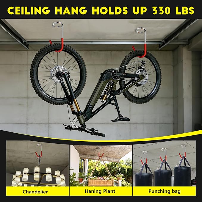 9.45" Garage Hooks Heavy Duty 330 lb – 2 Pack Long Bike/Ladder/Kayak Ceiling & Wall Hook Set – Anti-Slip PVC Coated Steel – Red