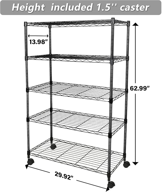 Simple Deluxe Heavy Duty 5-Shelf Storage Shelving Unit, 1250lbs Loading Capacity, 29.92" D x 13.98" W x 61.09" H, Black