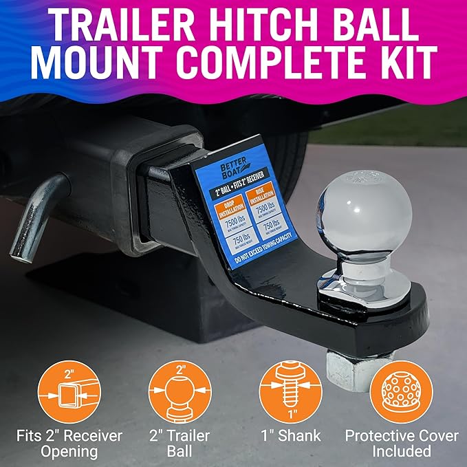 2 Inch Ball Hitch Mount Kit with Trailer Ball, Pin and Cover, Fits 2 Inch Receiver, 7500 lbs, 2 Inch Drop and 3/4 Inch Rise - Better Boat
