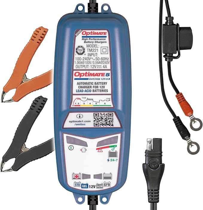 Tecmate Optimate 5 Start/Stop, TM-221-4A, 6-Step 12V 4A Battery Saving Charger-Tester-maintainer