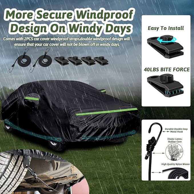Car Covers for 1994-2024 Ford Mustang, Waterproof All-Weather Full Car Cover with Windproof Gust Strap and Zipper Door for 1994-2024 Mustang GT/Cobra/Shelby/Bullitt/ECOBOOST
