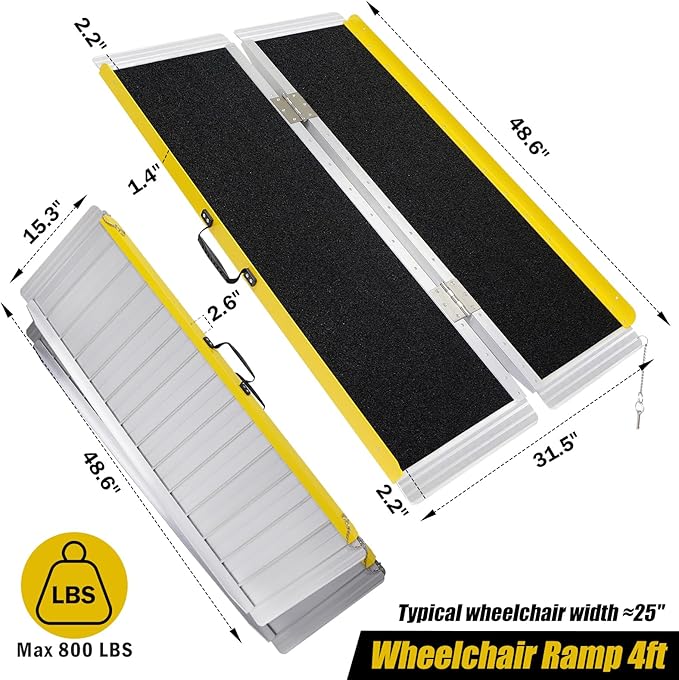 Portable Wheelchair Ramp 4FT, Foldable Ramps for Wheelchairs, Aluminum Handicap Ramp with Non-Slip Surface, Wheelchair Ramps for Home Steps, Stairs, Doorways, Curbs, 800LBS Capacity, FSA HSA Eligible