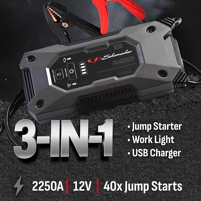 Schumacher Electric 2250A Rugged Lithium Car Battery Jump Starter and Portable Power Pack/Jump Box, 3-in-1 Solution, 2.4A USB Charging, for 12V Power Sport, Automotive, and Marine Batteries, SL1654