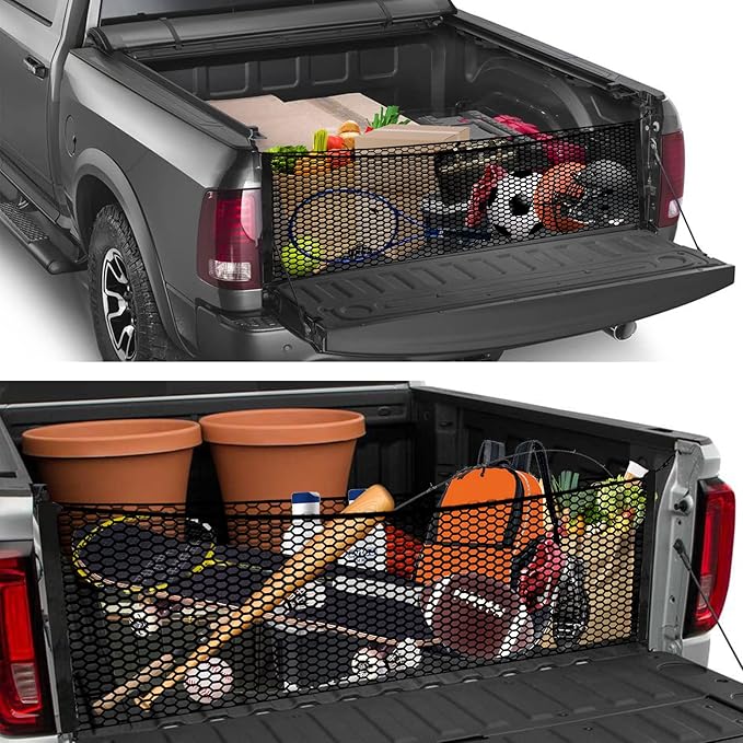 Cargo Net for Pickup Truck Bed for Trunk Organizers and Storage Additional with 4 Metal Carabiner Buckles - Silverdo, Ford F150,GMC