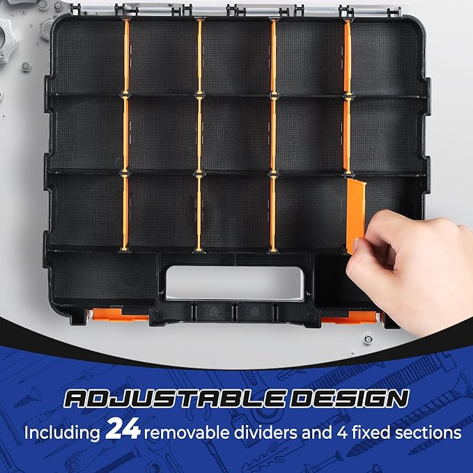 NATGAI 2 Pack Small Parts Organizers, 34-Compartments Double-Sided Tool Box with Removable Dividers for Hardware, Screws, Bolts, Nails & Fishing Accessories, Durable Plastic Storage Case (Orange)