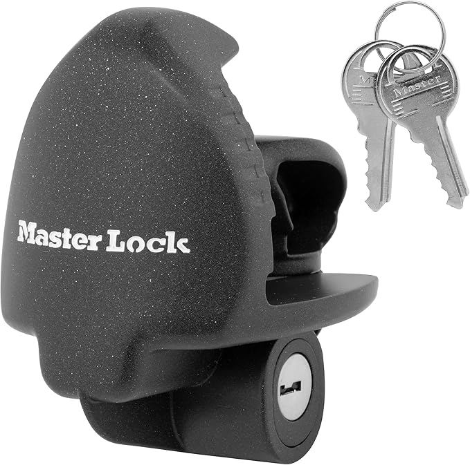 Master Lock Black Universal Size Trailer Hitch Lock, Trailer Coupler Lock for Securing RV’s, Horse Trailers, Tool Trailers and More, 379ATPY