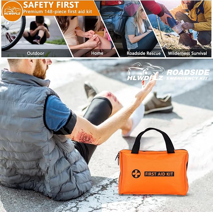 Car Emergency Kit with Portable Air Compressor - Roadside Assistance Emergency Kit with Jumper Cables, First Aid Kit, Auto Tool Set, Winter Safety Kit for Women, Men, Teen (Orange)