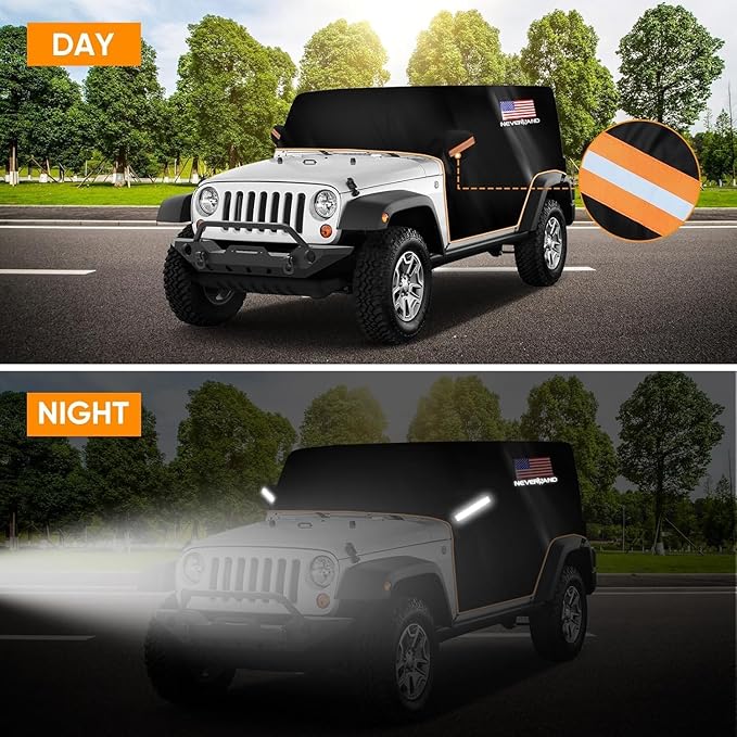 NEVERLAND Wrangler Cab Cover Waterproof - 2007-2025 Jeep Wrangler JK JL 2 Door, Half Car Cover Outdoor Oxford with Reflective Strip, Sun Snowproof Cab Car Cover Black