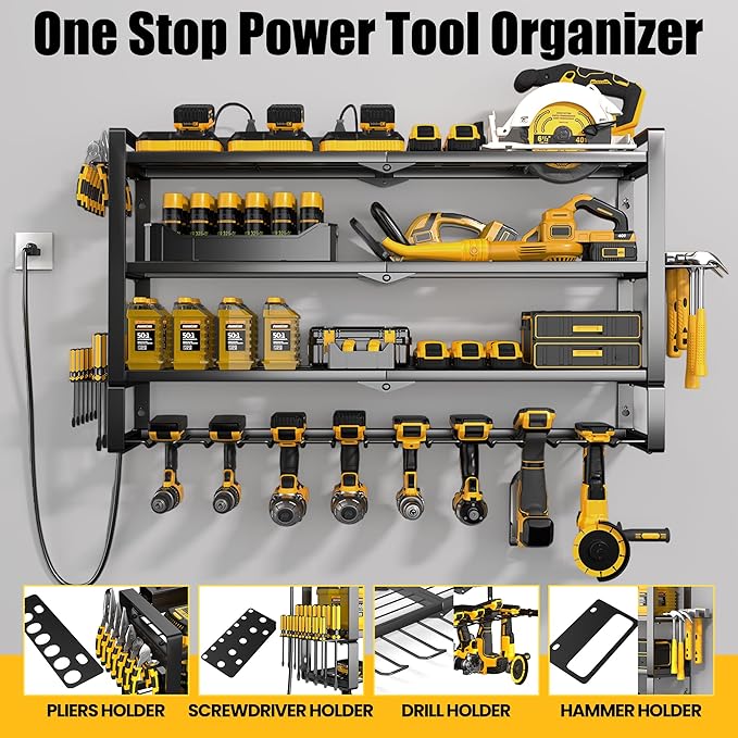 MOOMSINE Large Power Tool Organizer Wall Mount with Charging Station, 400lbs Metal Storage Rack with 8 Cordless Drill Holder, 4 Tier Heavy Duty Battery Tool Shelf with 5 Outlet Power Strip for Garage