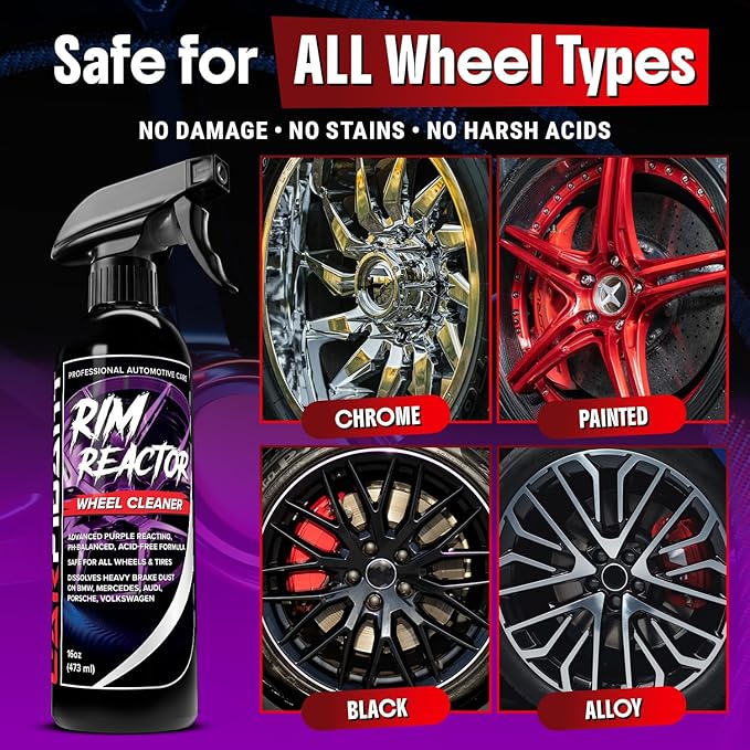 Carfidant Rim Reactor Wheel Cleaner Spray – No Scrub Formula with Purple Iron Remover Reaction – Removes Brake Dust & Grime – Safe for All Wheels (Aluminum, Chrome, Black) – pH Neutral – 16oz