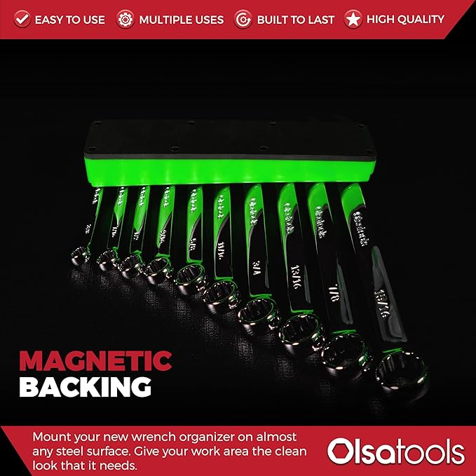 Olsa Tools Magnetic Wrench Holder Organizer - Green - Fits SAE 3/8" to 15/16" & Metric 10mm to 19mm - Durable Tool Storage Solution - Part 1141