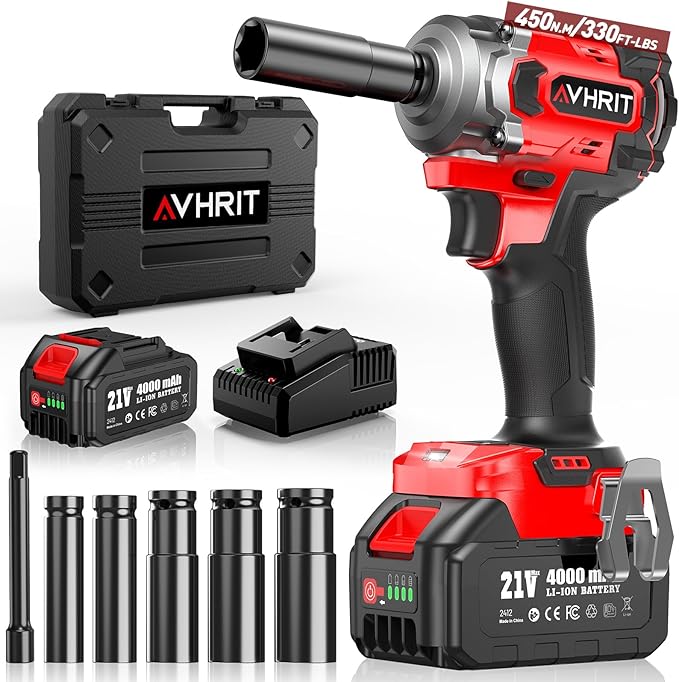 Cordless Impact Wrench 3/8 Inch, 450N.m/ 330Ft-lbs Electric Impact Gun with Blushless Motor, 4000mAh Battery, Charger, 5 Sockets, Power Impact Driver for Car Home, Tire Repair