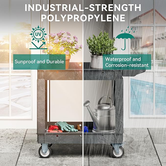 YITAHOME 550 LBS Heavy Duty Utility Cart on Wheels, 2 Shelves Service Cart, Plastic Rolling Tool Carts with Wheels, Gray Maintenance Push Carts for Garage, Home, Restaurant, Jobsite, Office