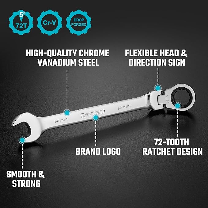DURATECH 12-Piece Flex-Head Ratcheting Combination Wrench Set, 72-Tooth, Metric, 8-19 mm, Cr-v Steel, Organized in Storage Case