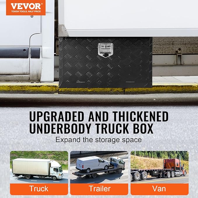 VEVOR Underbody Truck Box, 36"×17"×18" Pickup Storage Box, Heavy Duty Aluminum Diamond Plate Tool Box with Lock and Keys, Waterproof Trailer Storage Box with T-Handle Latch for Truck, Van, Trailer