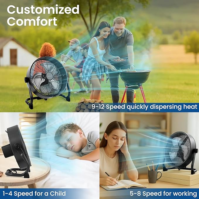 15" Rechargable Battery Operated Fan for Camping,12 Speeds Cordless Floor Fan，Rechargeable Portable Fan for Travel Indoor Outdoor, 12000mAh, 360°Manual Tilt