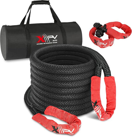 XPV AUTO 7/8''x30FT Kinetic Recovery Rope(32,000lb.) Black with 2 Soft Shackles Power Stretch Snatch Tow Strap for 4WD Offroad Truck ATV UTV SUV