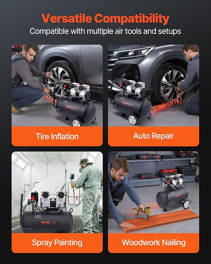 VEVOR Air Compressor, 8 Gallon Steel Tank, 1HP 2.2 CFM@90 PSI Oil Free Air Compressor & Max. 120PSI Pressure, 80dB Ultra Quiet Portable Compressor, for Auto Repair, Tire Inflation, Spray Painting