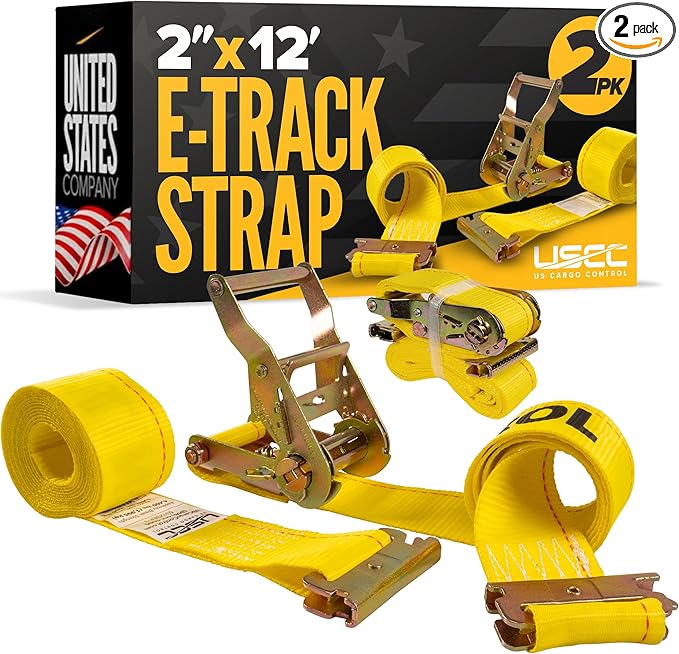 US Cargo Control E Track Straps 2" x 12' (2-Pack), 4,400 LBS Break Strength, Yellow Heavy Duty E Track Ratchet Straps with 4' Fixed End and Spring E-Fittings, Logistic Tiedowns for Box Trucks, Vans