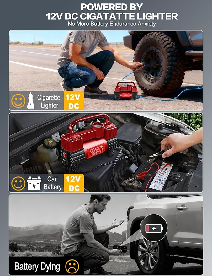 GSPSCN 6X Faster Inflation Tire Inflator Heavy Duty Double Cylinders with Portable Bag- Car Accessories，Metal 12V Air Compressor Pump 150PSI with Adapter for Car, Truck, SUV Tires, Dinghy, Air Bed