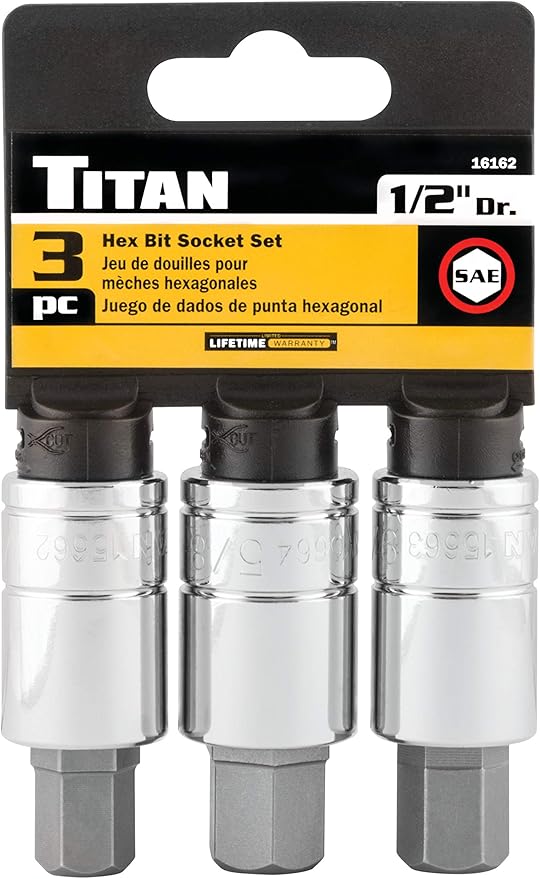 Titan Tools 16162 1/2-Inch Drive 3-Piece SAE Large Hex Bit Socket Set