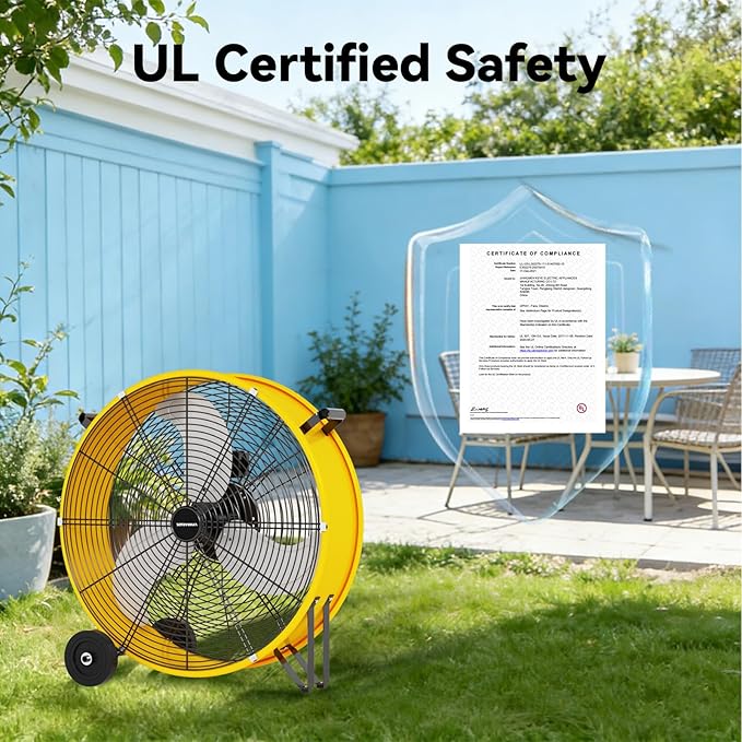 30 Inch Industrial Drum Fan 14000 CFM Ultra High Velocity Floor Fan for Large Warehouse, Shop & Gym - 3-Speed Heavy Duty Metal Cooling Fan with 360° Tilt, Rolling Wheels & UL Safety Listed